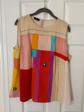 Akris Multicolor Geometric Silk Tank Top - Red, Pink, Yellow, Blue, Cream